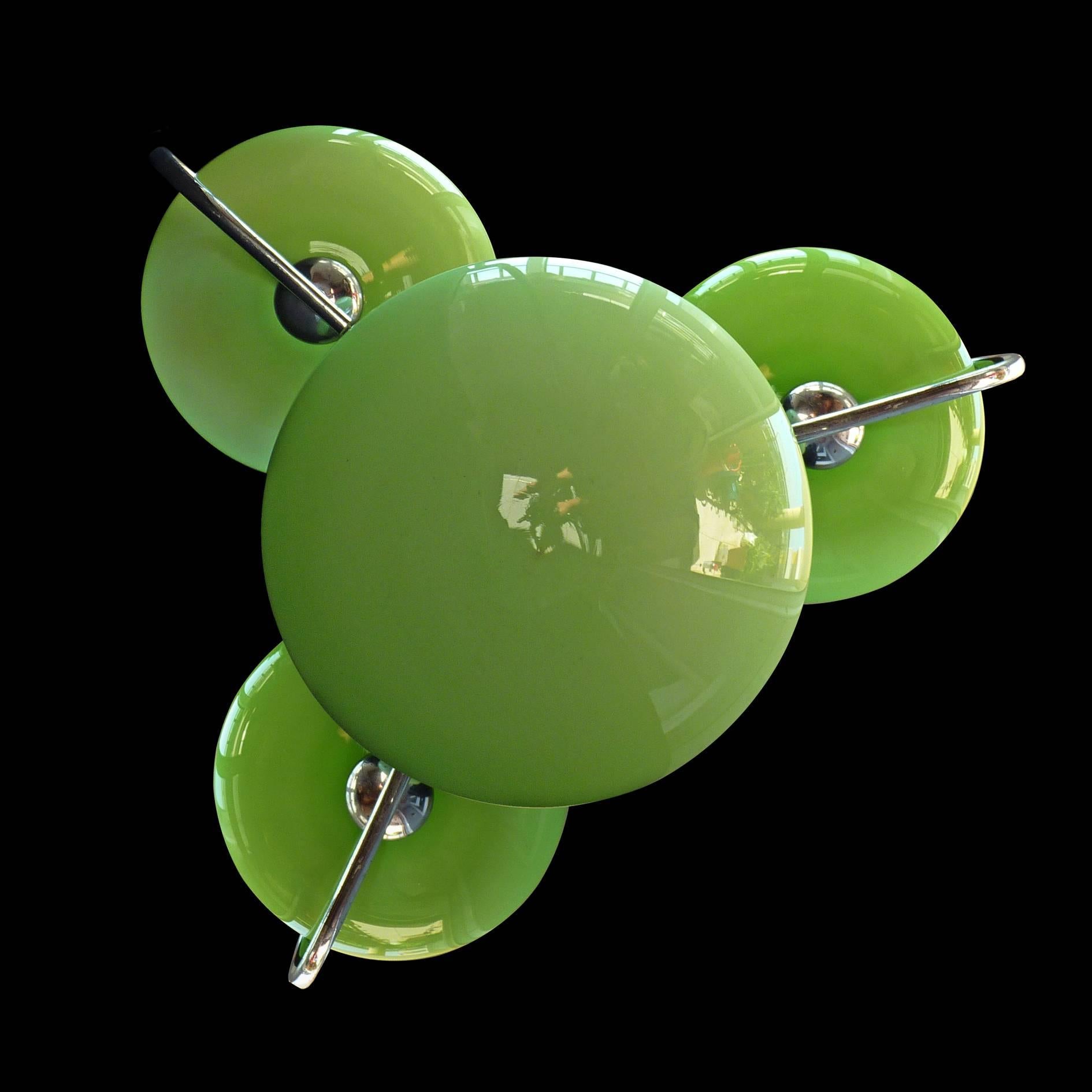Brass Antique French Art-Deco Opaline Green Glass Shades/Four-Light Chrome Chandelier