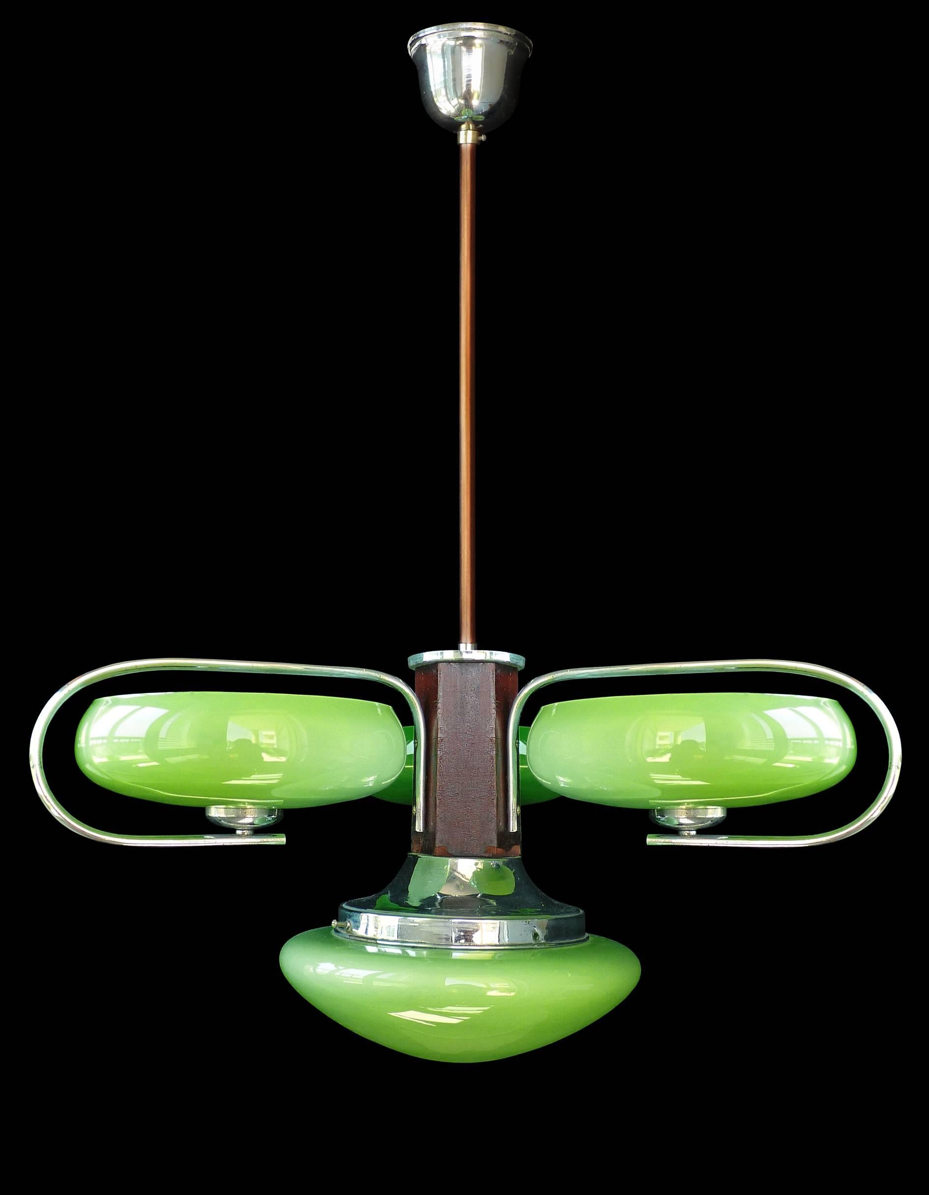 Antique French Art-Deco Opaline Green Glass Shades/Four-Light Chrome Chandelier 1