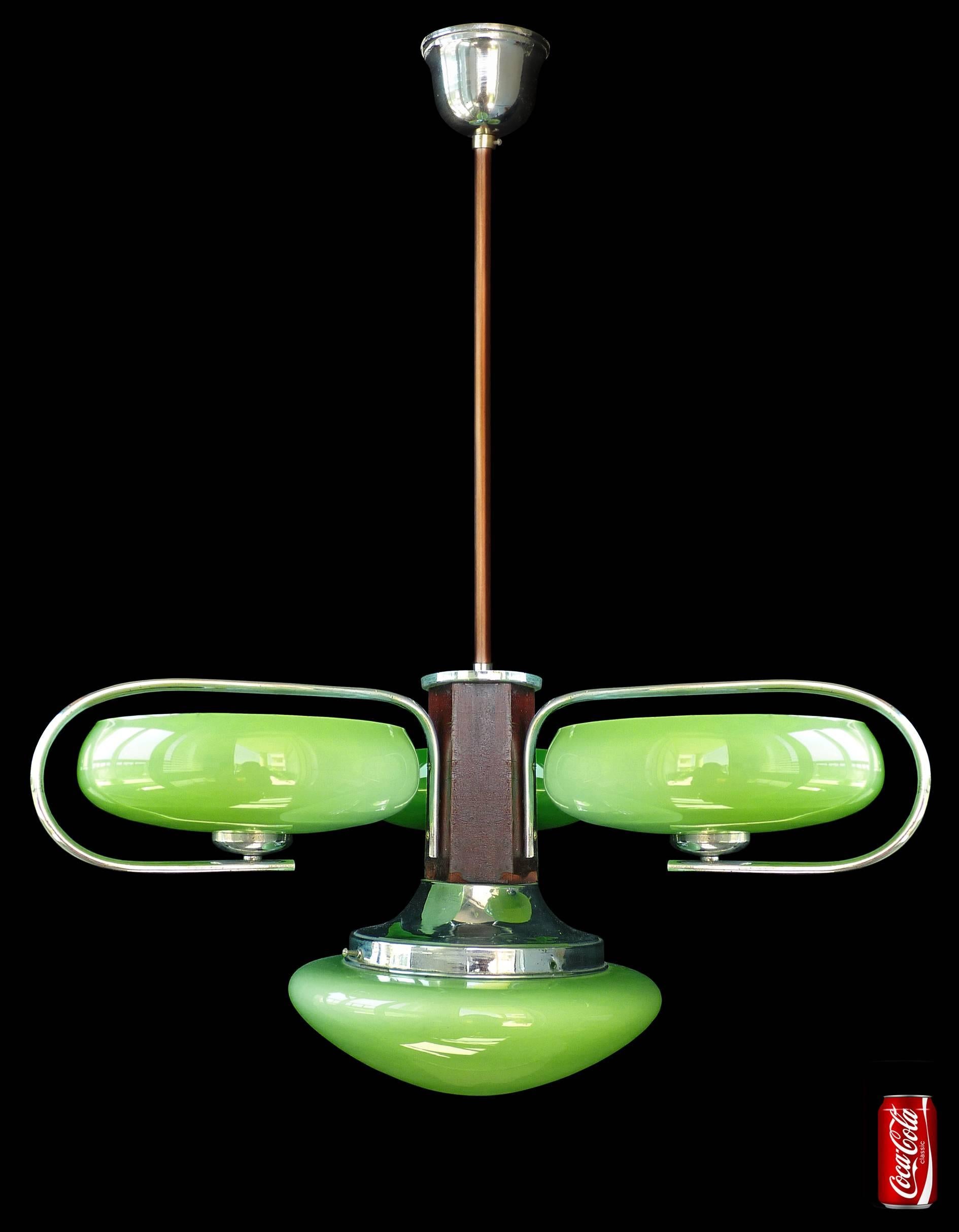 Antique French Art-Deco Opaline Green Glass Shades/Four-Light Chrome Chandelier 2