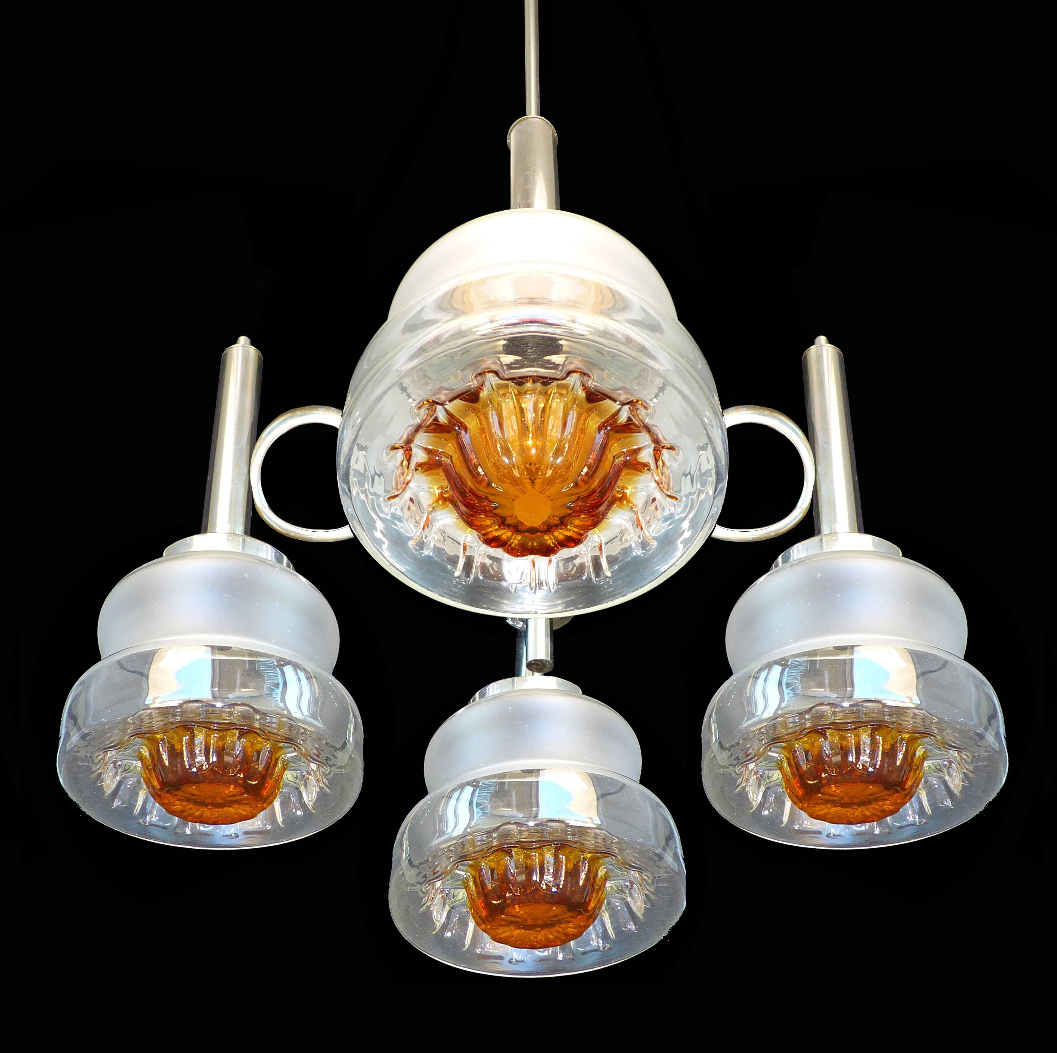 Mid-Century Modern Mid Century Modernist Murano Mazzega Amber Art-Glass Italian Chrome Chandelier