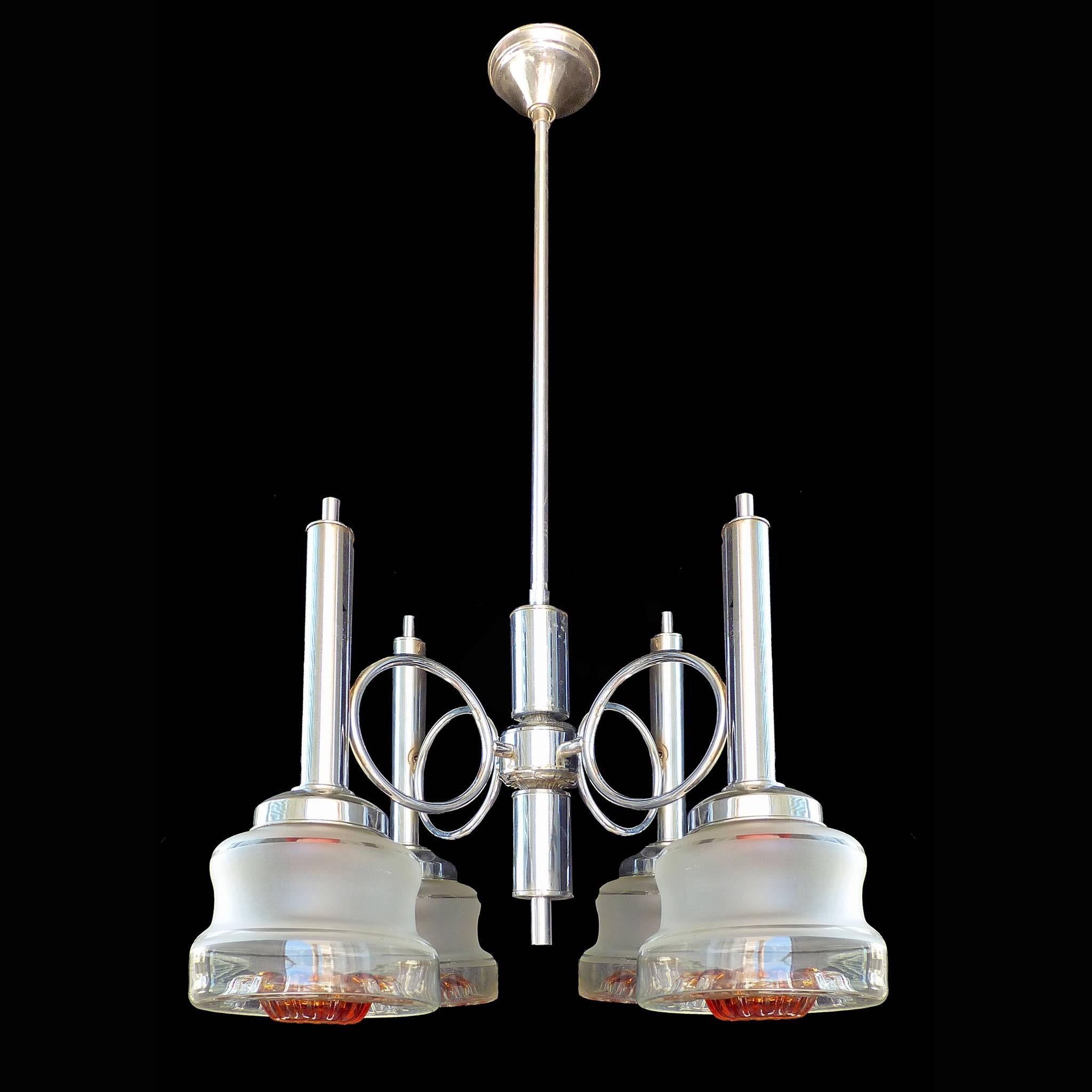 20th Century Mid Century Modernist Murano Mazzega Amber Art-Glass Italian Chrome Chandelier