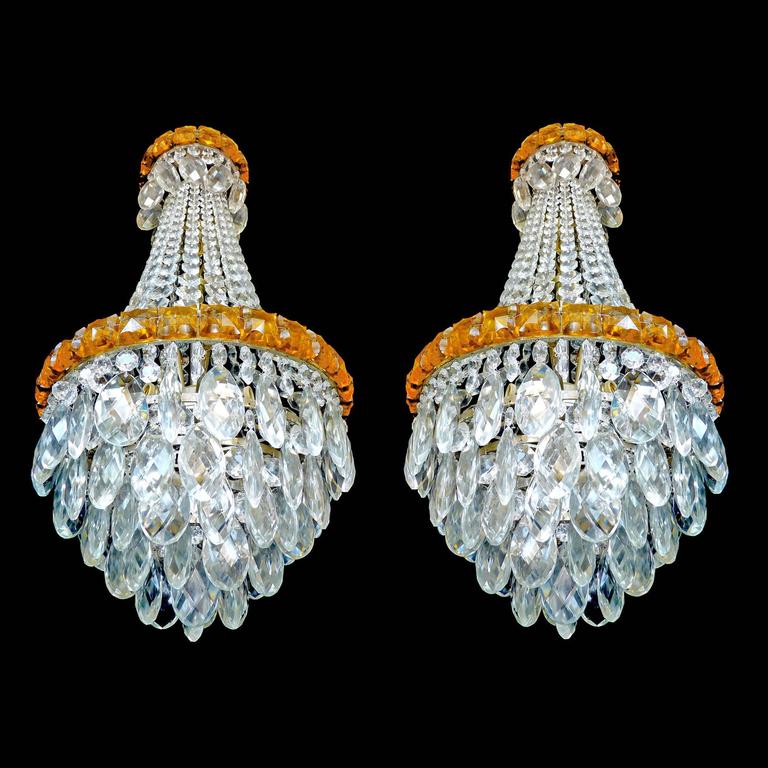 Antique Pair Of French Regency Empire Amber Crystal Wedding Cake Mid 20th Century Antique Pair Of French Regency Empire Amber Crystal Wedding Cake Chandeliers For