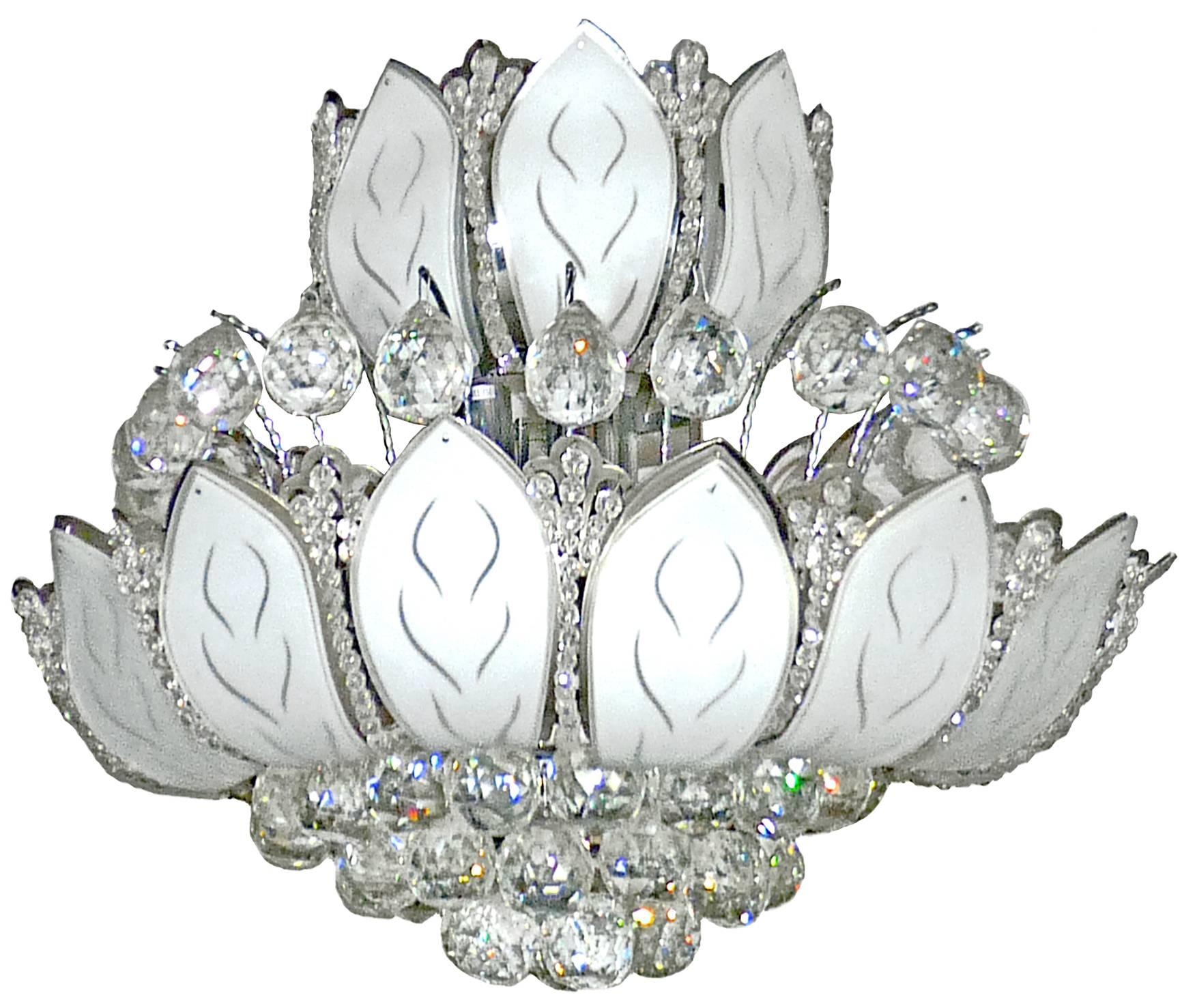 French Hollywood Regency 2 Tier Crystal/Chrome/Art Glass Sun Flower 12-Light Chandelier