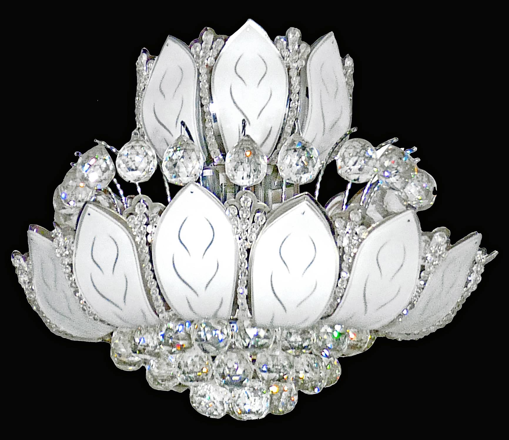 Hollywood Regency 2 Tier Crystal/Chrome/Art Glass Sun Flower 12-Light Chandelier 1