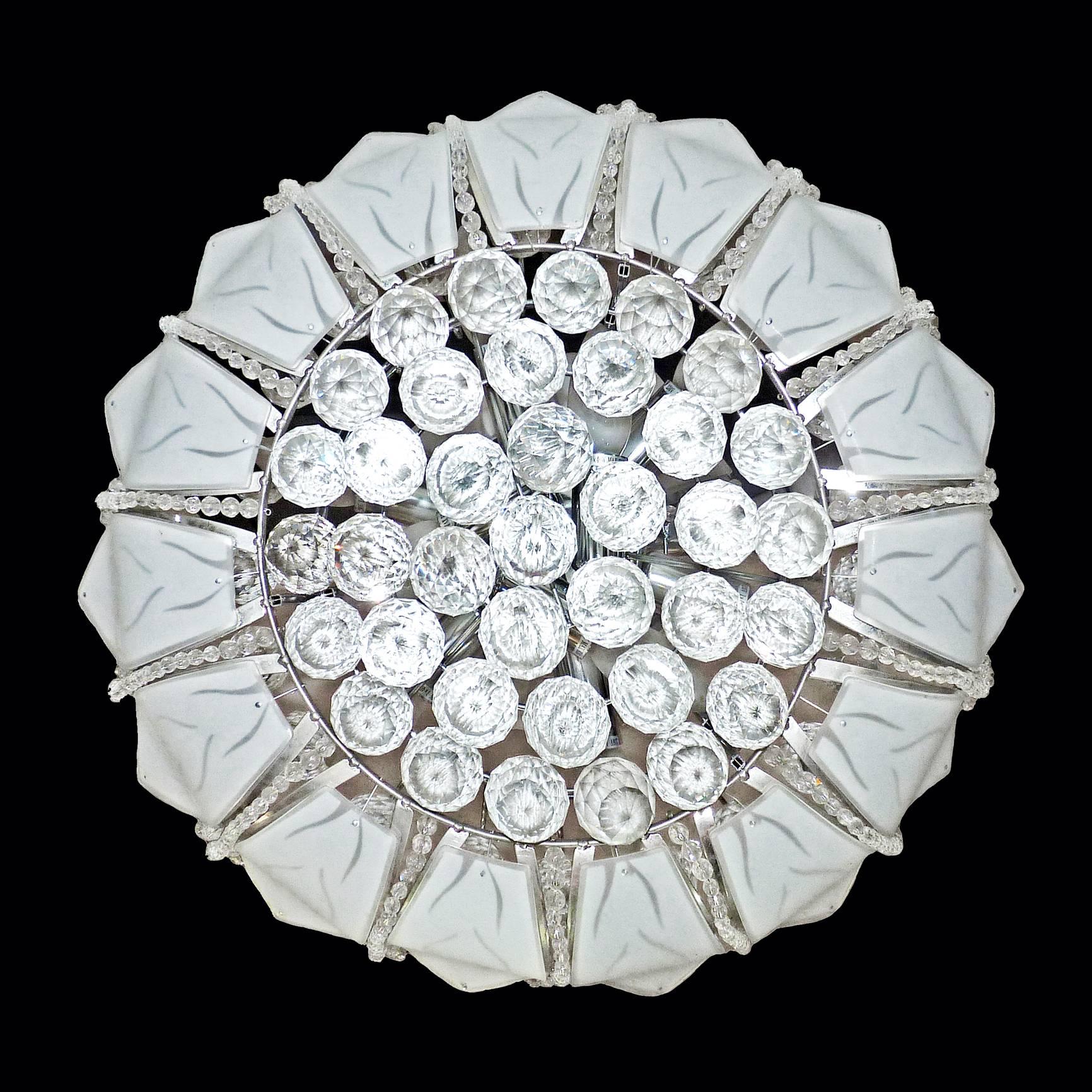 20th Century Hollywood Regency 2 Tier Crystal/Chrome/Art Glass Sun Flower 12-Light Chandelier