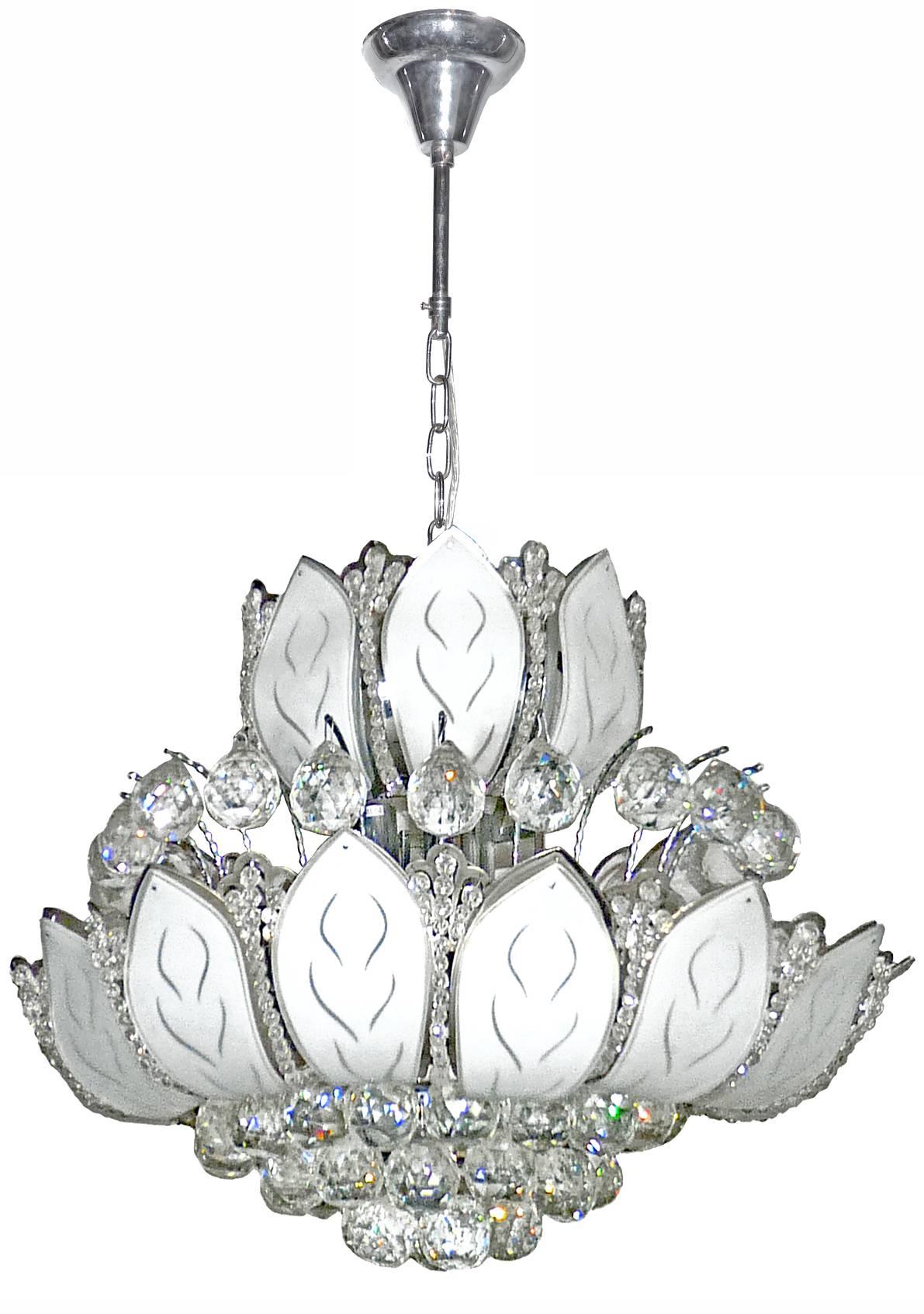Frosted Hollywood Regency 2 Tier Crystal/Chrome/Art Glass Sun Flower 12-Light Chandelier