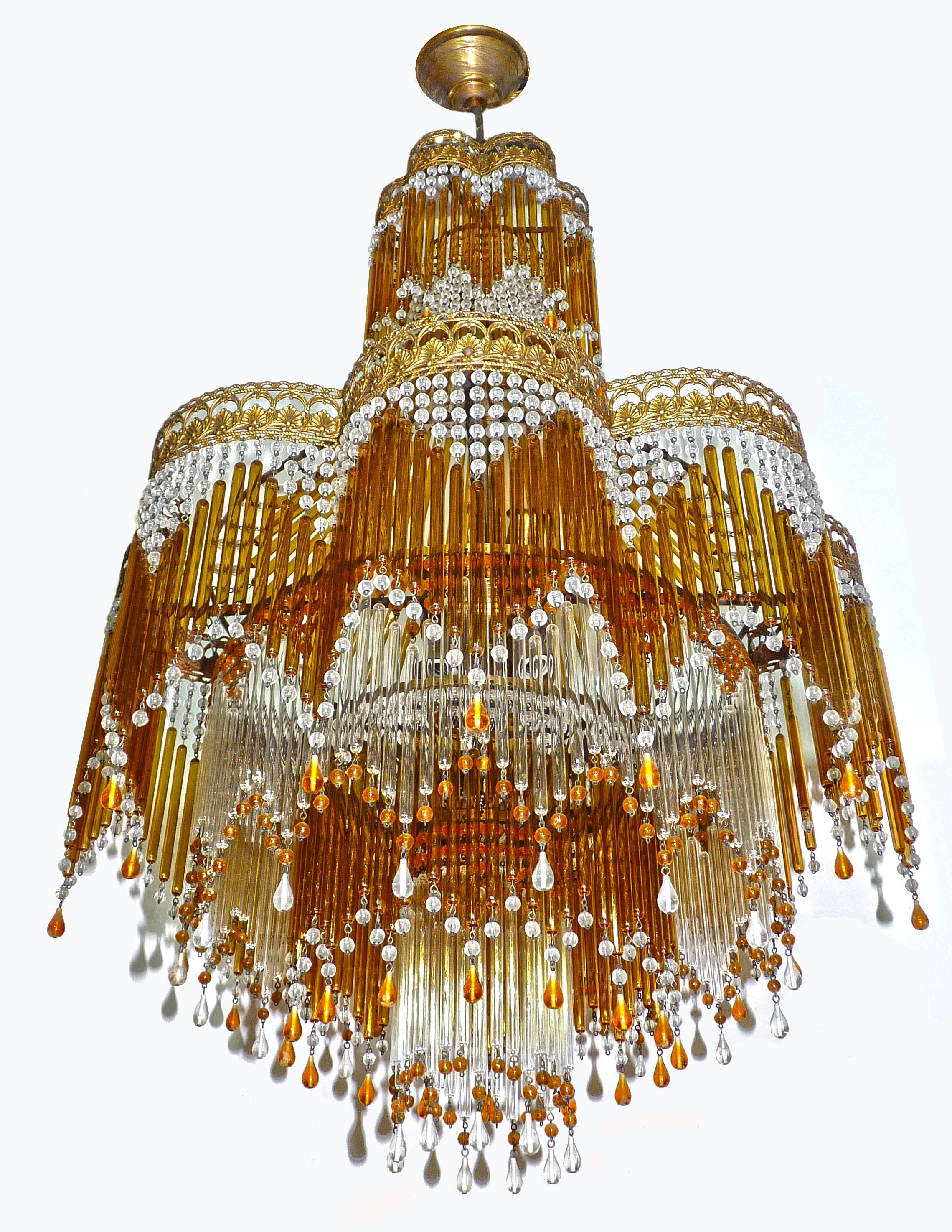Hollywood Regency Italian Art Deco/Art Nouveau Amber & Clear Beaded Glass Fringe Murano Chandelier