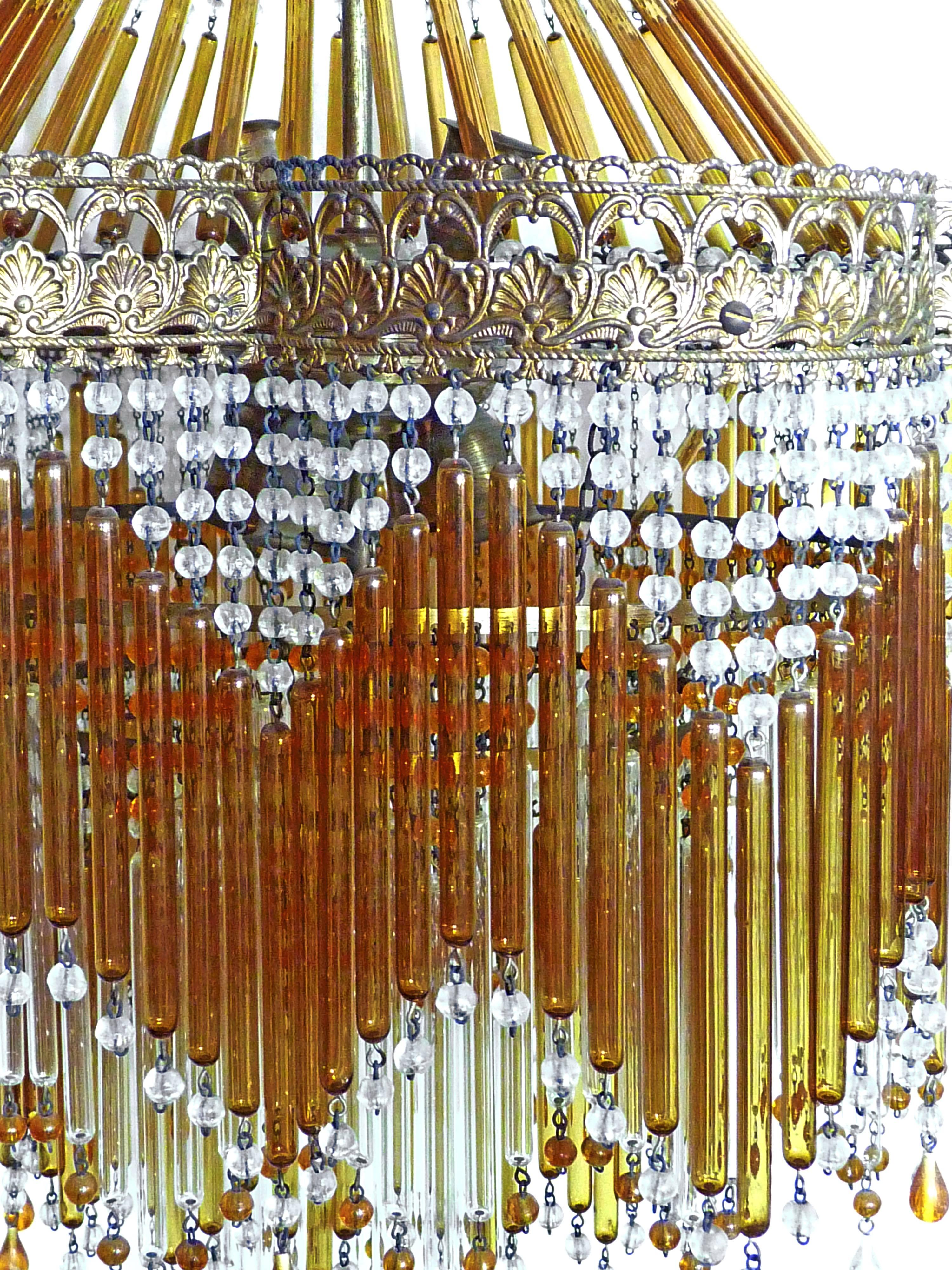 Italian Art Deco/Art Nouveau Amber & Clear Beaded Glass Fringe Murano Chandelier In Excellent Condition In Coimbra, PT