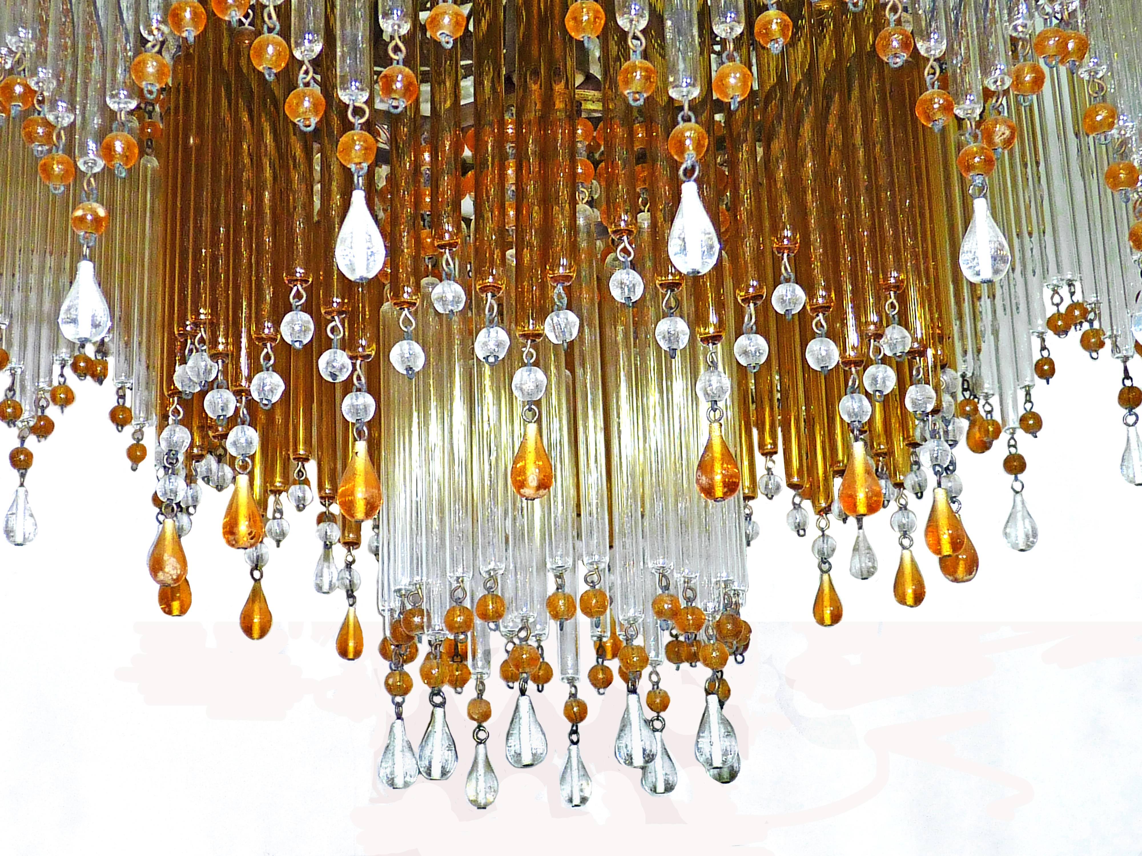 Metal Italian Art Deco/Art Nouveau Amber & Clear Beaded Glass Fringe Murano Chandelier