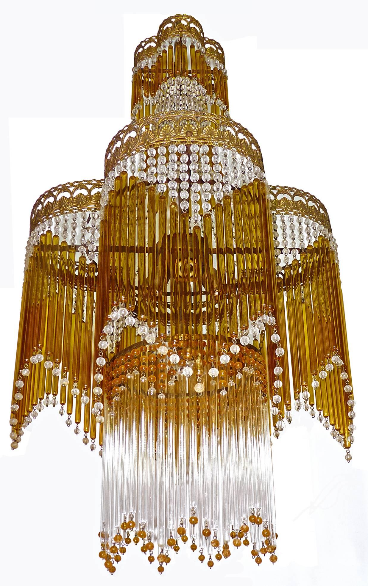 Hollywood Regency Italian Art Deco/Art Nouveau Amber & Clear Beaded Glass Fringe Murano Chandelier