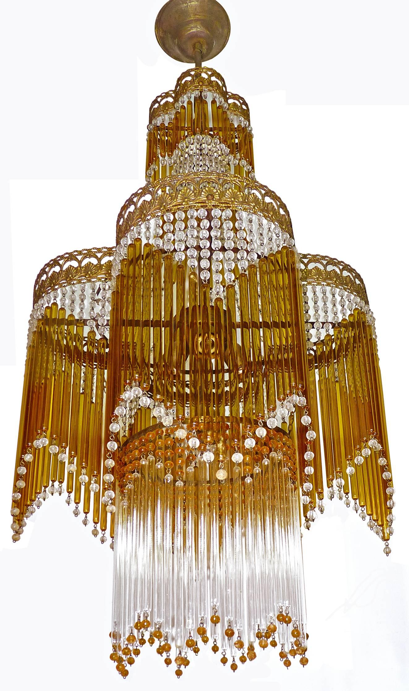 20th Century Italian Art Deco/Art Nouveau Amber & Clear Beaded Glass Fringe Murano Chandelier