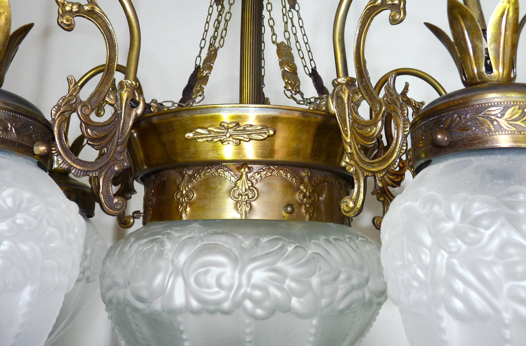 Brass Pair of French Art Deco/Nouveau, Gold & Bronze Color, Degué Style Glass Chandelier