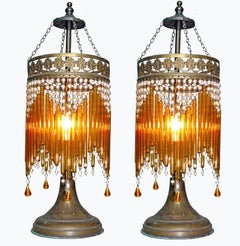 Pair of Italian Art Deco/Art Nouveau Amber/Clear Beaded Glass Murano Table Lamps