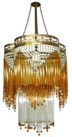 Italian Art Deco/Art Nouveau Amber & Clear Beaded Glass Fringe Murano Chandelier