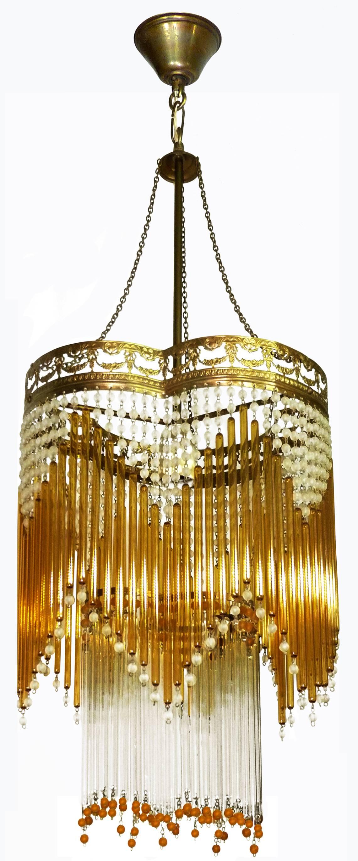 Hollywood Regency Italian Art Deco/Art Nouveau Amber & Clear Beaded Glass Fringe Murano Chandelier