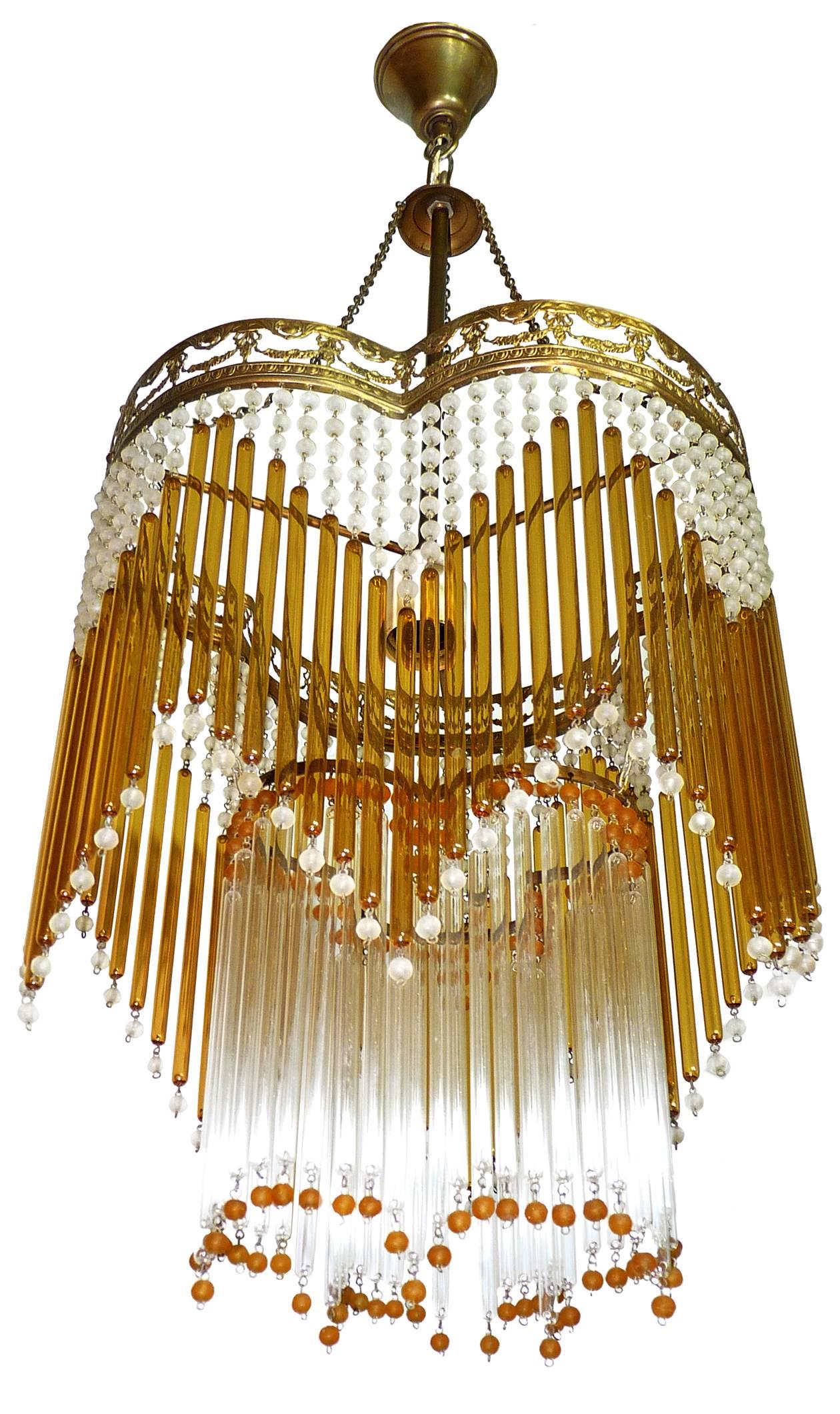 Italian Art Deco/Art Nouveau Amber & Clear Beaded Glass Fringe Murano Chandelier In Excellent Condition In Coimbra, PT