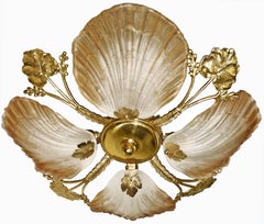 French Art Nouveau /Art Deco Chandelier Frosted Glass Shades & Brass Flushmount