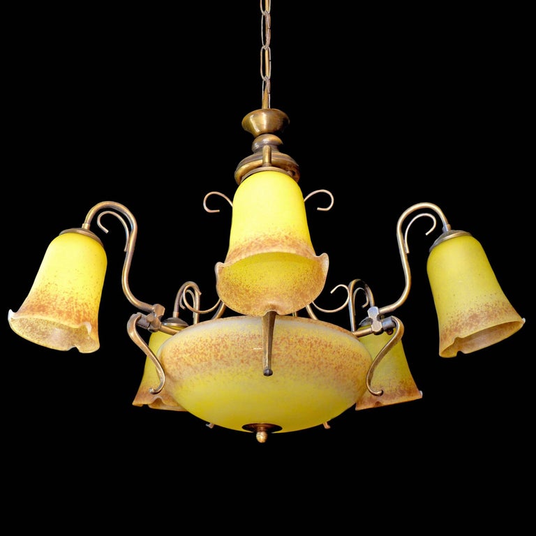 French Degué Style Art Deco Nouveau Yellow Amber Glass Brass French Degué Style Art Deco Nouveau Yellow Amber Glass Brass Chandelier In Excellent