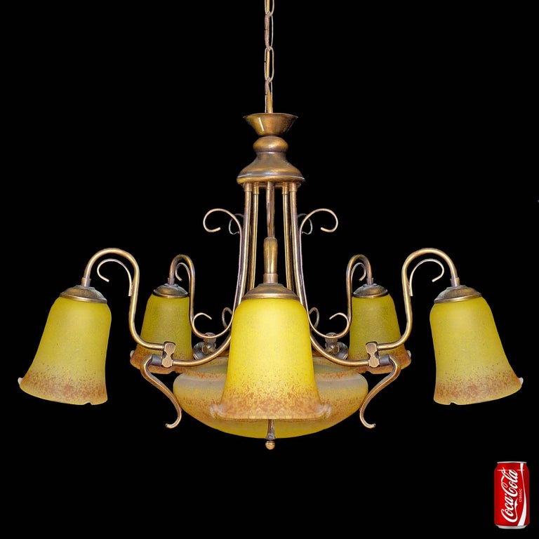 French Degué Style Art Deco Nouveau Yellow Amber Glass Brass French Degué Style Art Deco Nouveau Yellow Amber Glass Brass Chandelier For