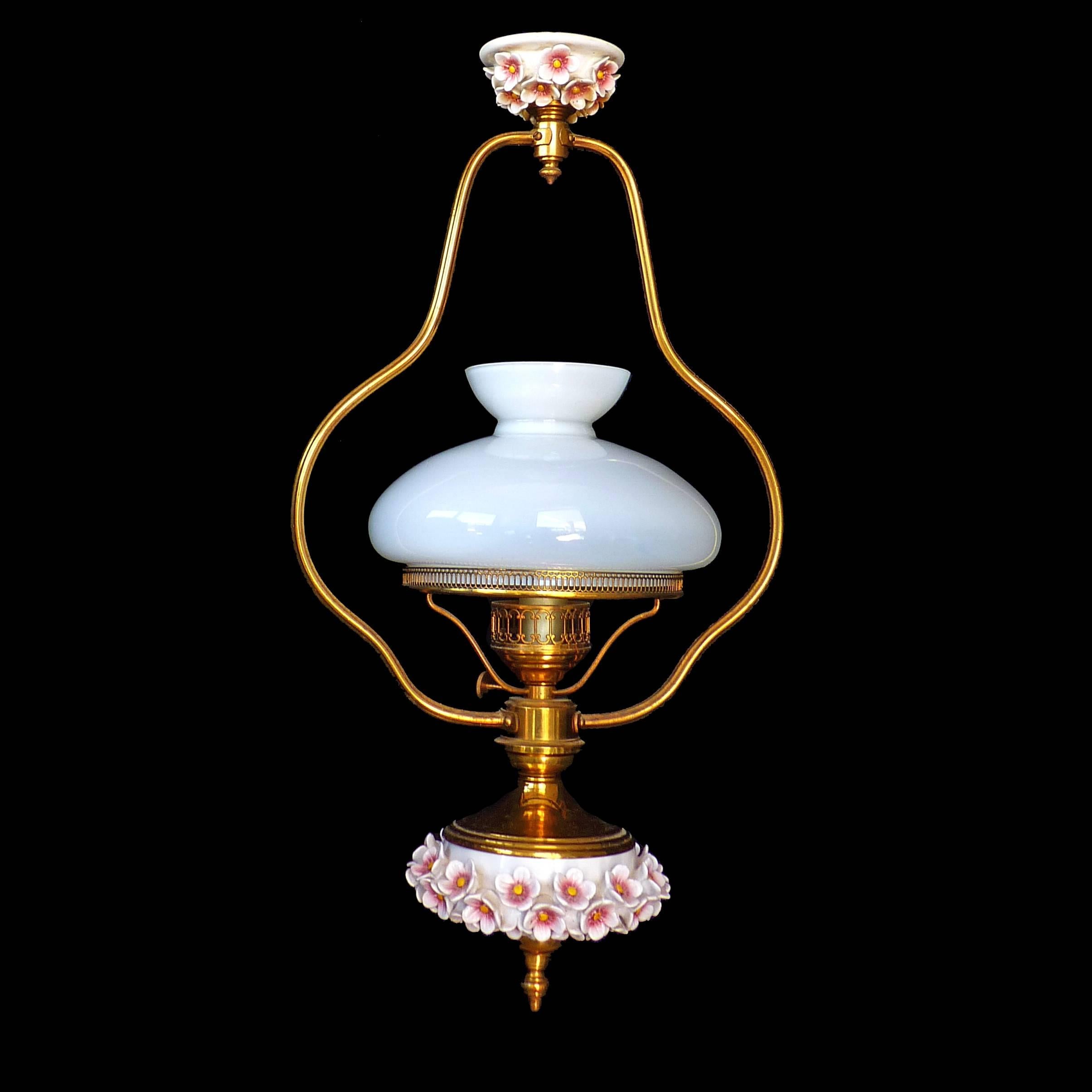 Appliqué French Pink Porcelain Flowers Chandelier/Gilt Victorian Library Hanging Oil Lamp