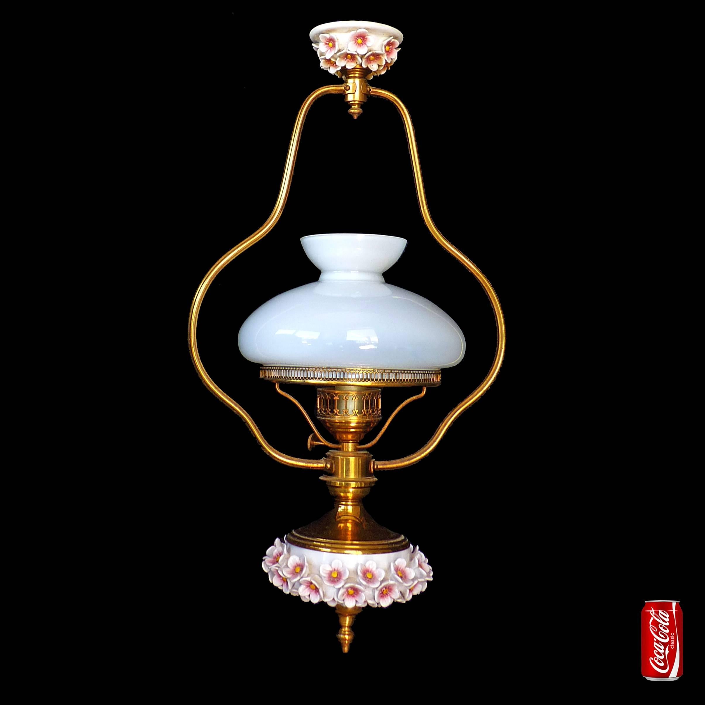 French Pink Porcelain Flowers Chandelier/Gilt Victorian Library Hanging Oil Lamp In Excellent Condition In Coimbra, PT