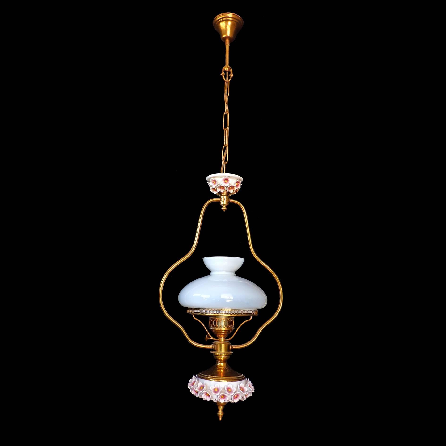 20th Century French Pink Porcelain Flowers Chandelier/Gilt Victorian Library Hanging Oil Lamp