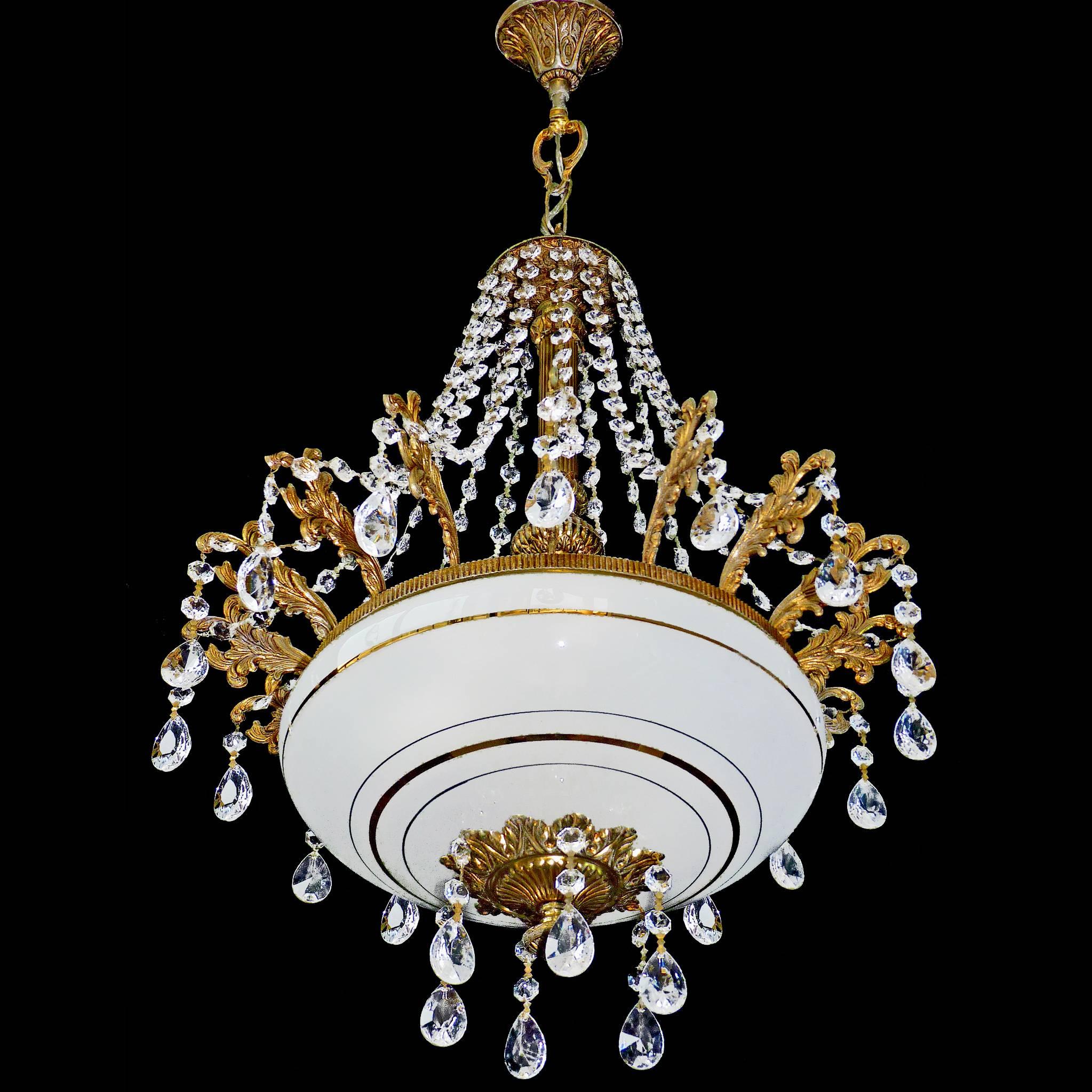 French  Hollywood Regency Gilt Metal & Gilt Glass, 6-Light, Crystal Teardrop Chandelier