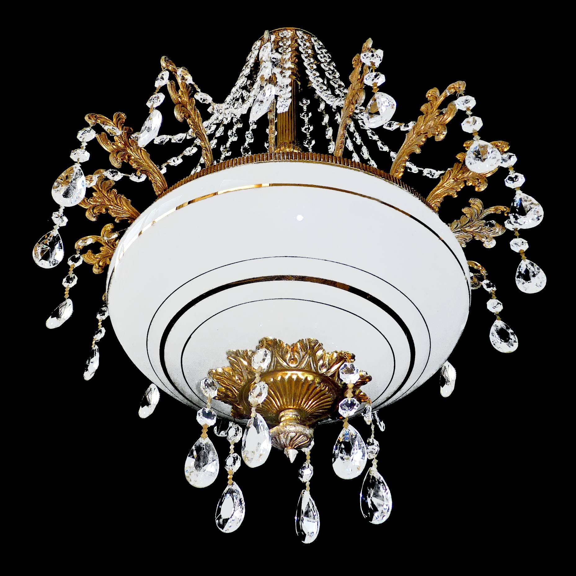 20th Century  Hollywood Regency Gilt Metal & Gilt Glass, 6-Light, Crystal Teardrop Chandelier