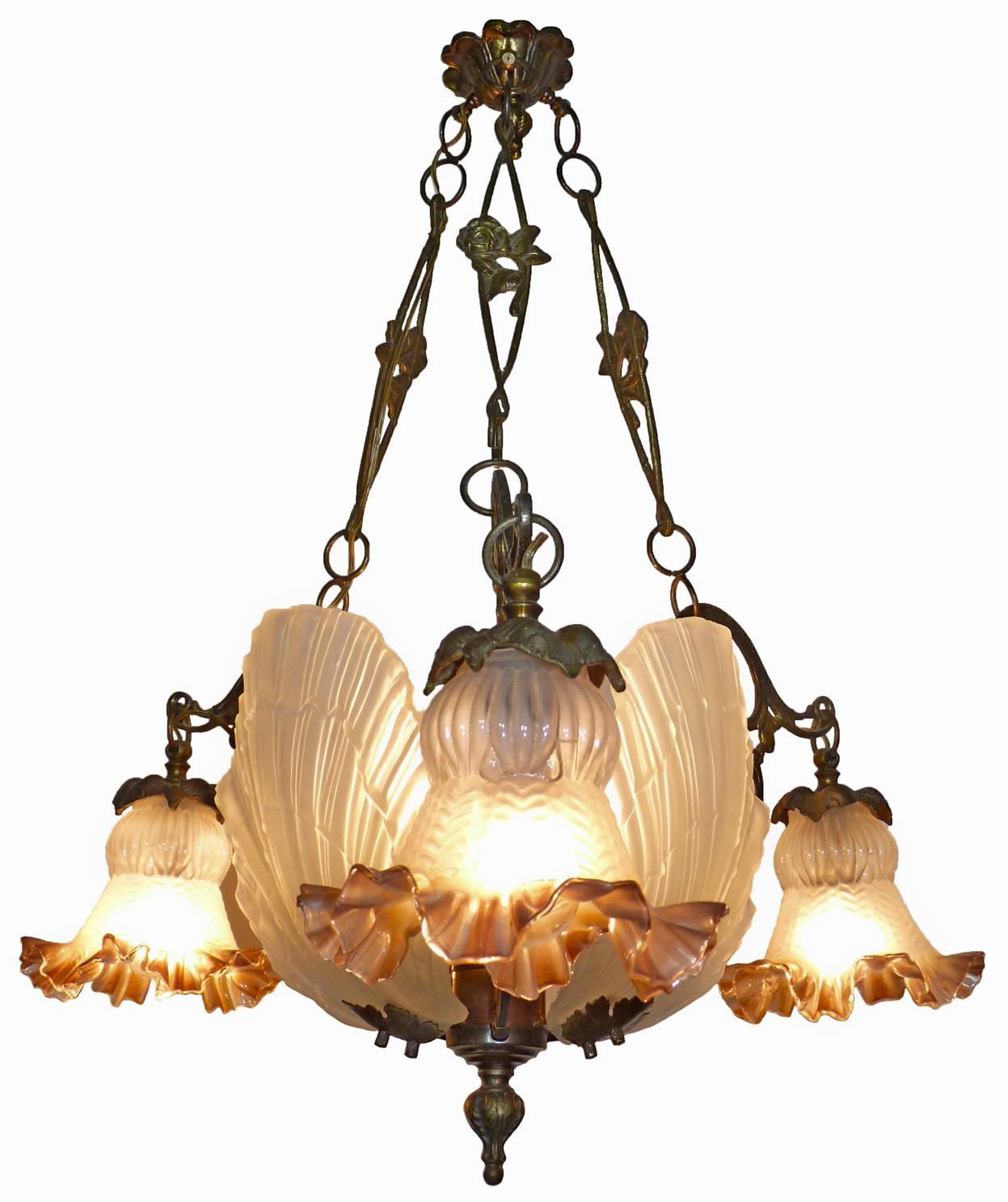 French Art Nouveau/Art Deco Chandelier in Bronze and Frosted Glass Shades 2