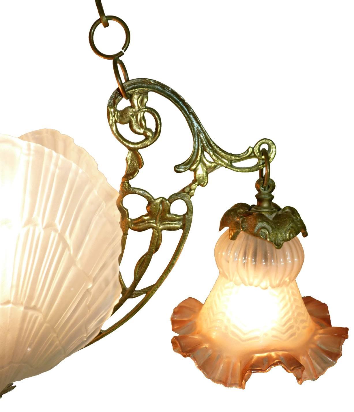 French Art Nouveau/Art Deco Chandelier in Bronze and Frosted Glass Shades 3