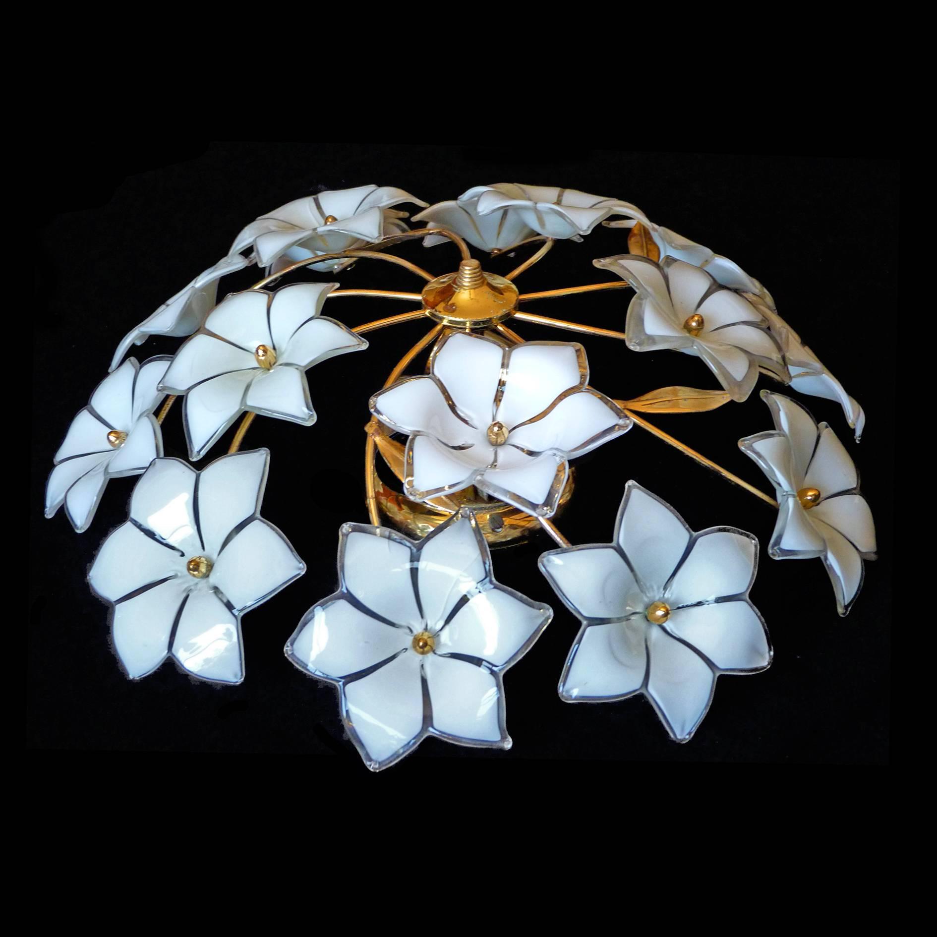 Hand-Crafted Gilt Italian Murano Venini Flower Bouquet Art Glass Chandelier Flush Mount