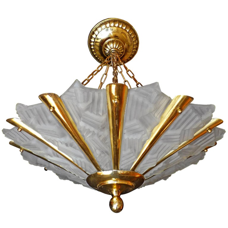 French Art Deco in Colonial Style Chandelier, GoldPlated Brass and
