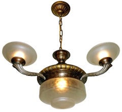 Three-Arm French Art Deco/Art Nouveau Glass Chandelier with Frosted Glass Shades