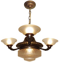 Three-Arm French Art Deco/Art Nouveau Glass Chandelier with Frosted Glass Shades