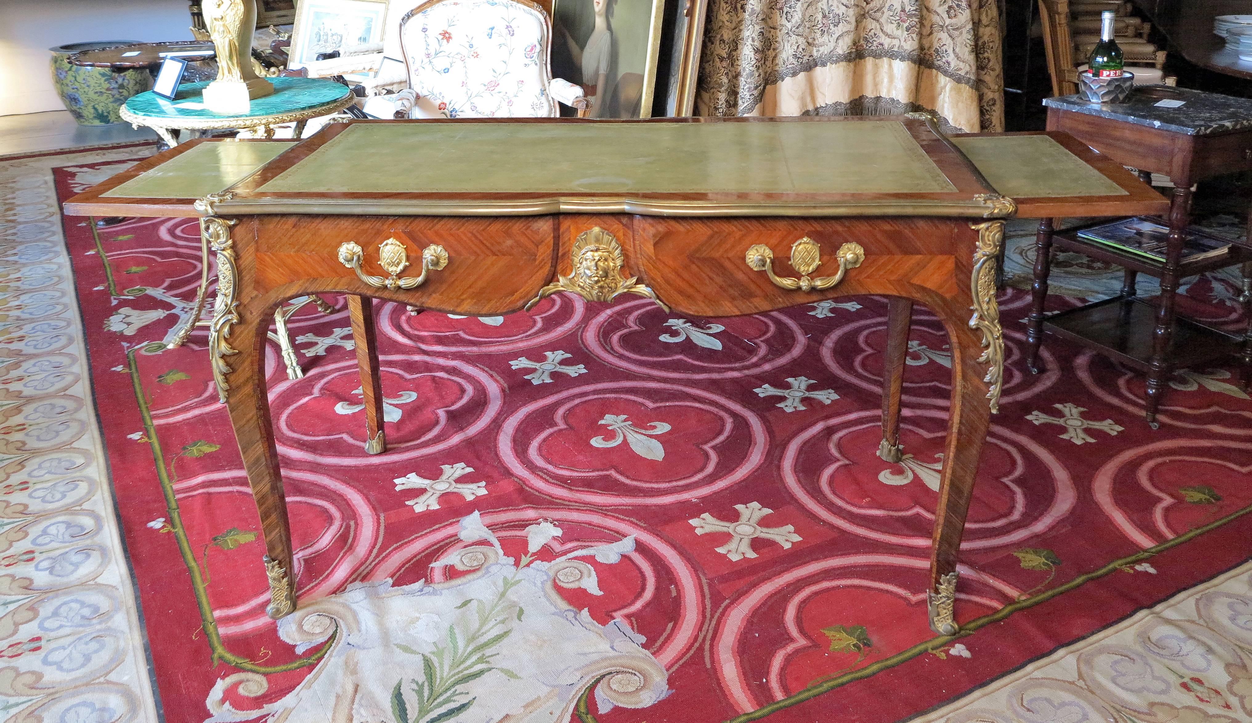 French Ormolu-Mounted Kingwood & Tulipwood Bureau Plat  After Model By Cressent In Good Condition In Sheffield, MA