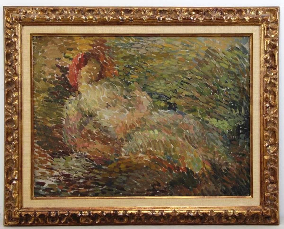 Eugenie Baizerman  
Américaine, 1899-1949
Femme allongée

Huile sur toile
16 par 22 pouces. W/frame 22 par 28 in.
Daté 1927 sur le revers

Originaire de Pologne, Eugenie Baizerman est l'un des premiers impressionnistes abstraits d'Amérique. 