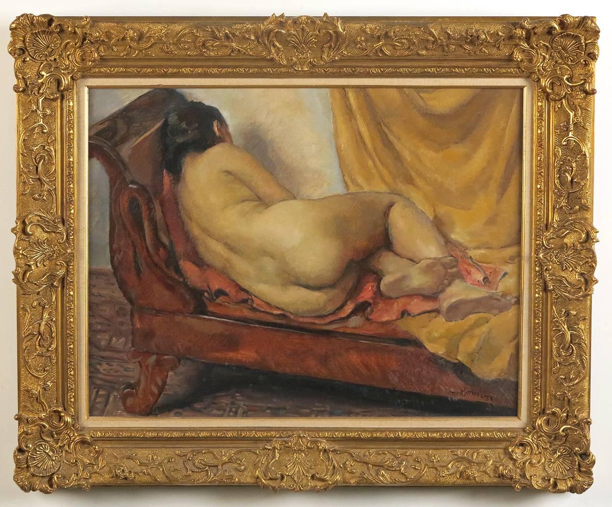 Henri Clement-Serveau
French, 1886-1972
Nu de dos

Oil on canvas
Measures: 19 ¾ by 25 ½ in with frame 27 ¾ in. by 33 ½ in.
Signed lower right and dated 1937.

Clement-Serveau was born in Paris in 1886.  He experienced all the revolutions in