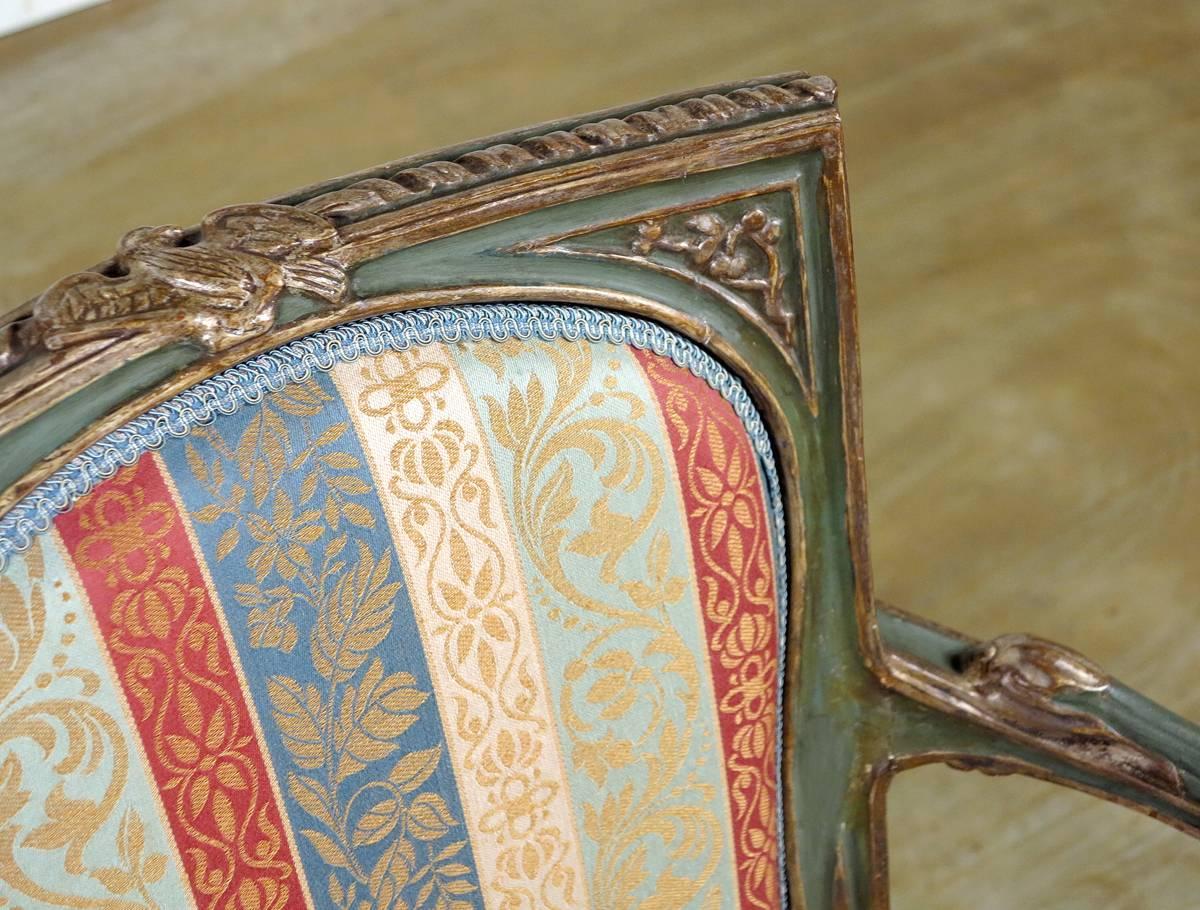 Late 18th Century Fine Set of Four South Italian Green-Painted and Parcel-Silvered Armchairs