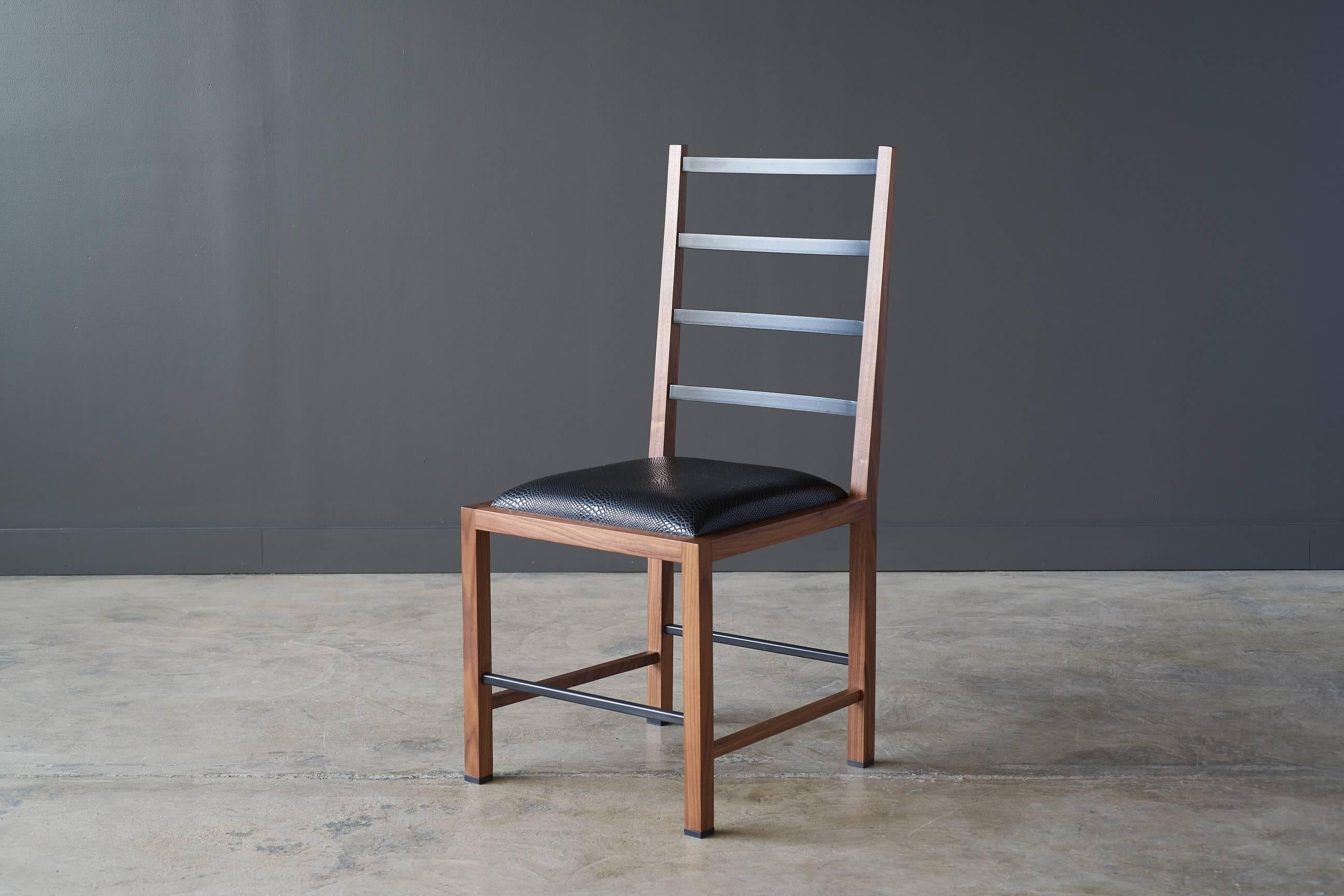 Modern Cooper Tall Chair in handcrafted walnut and oil quenched steel For Sale