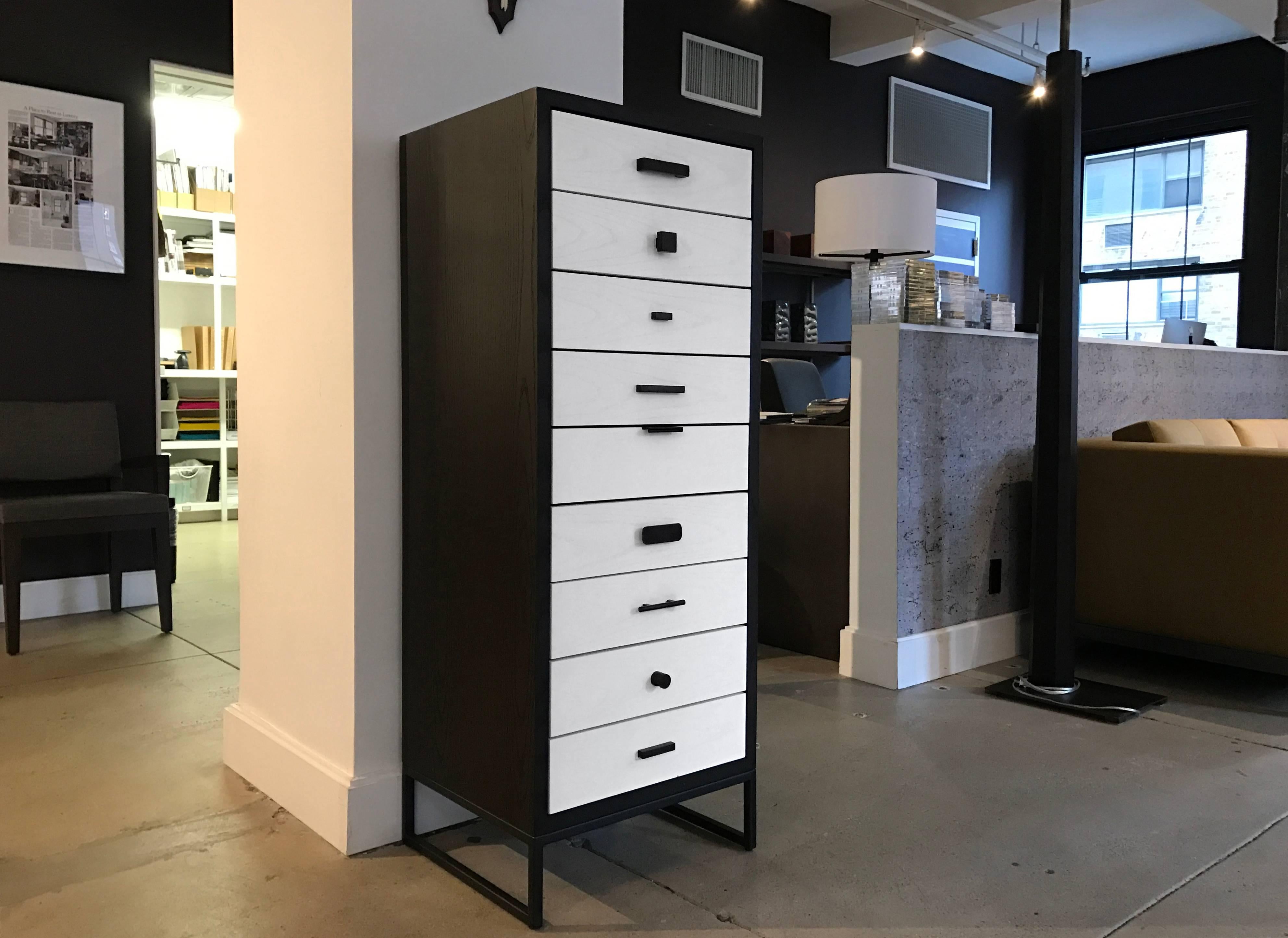 Available and shown in charcoal ash case white ash drawers and black oxide base + all pull options.
Measure: 18in x 20in x 53in H.

