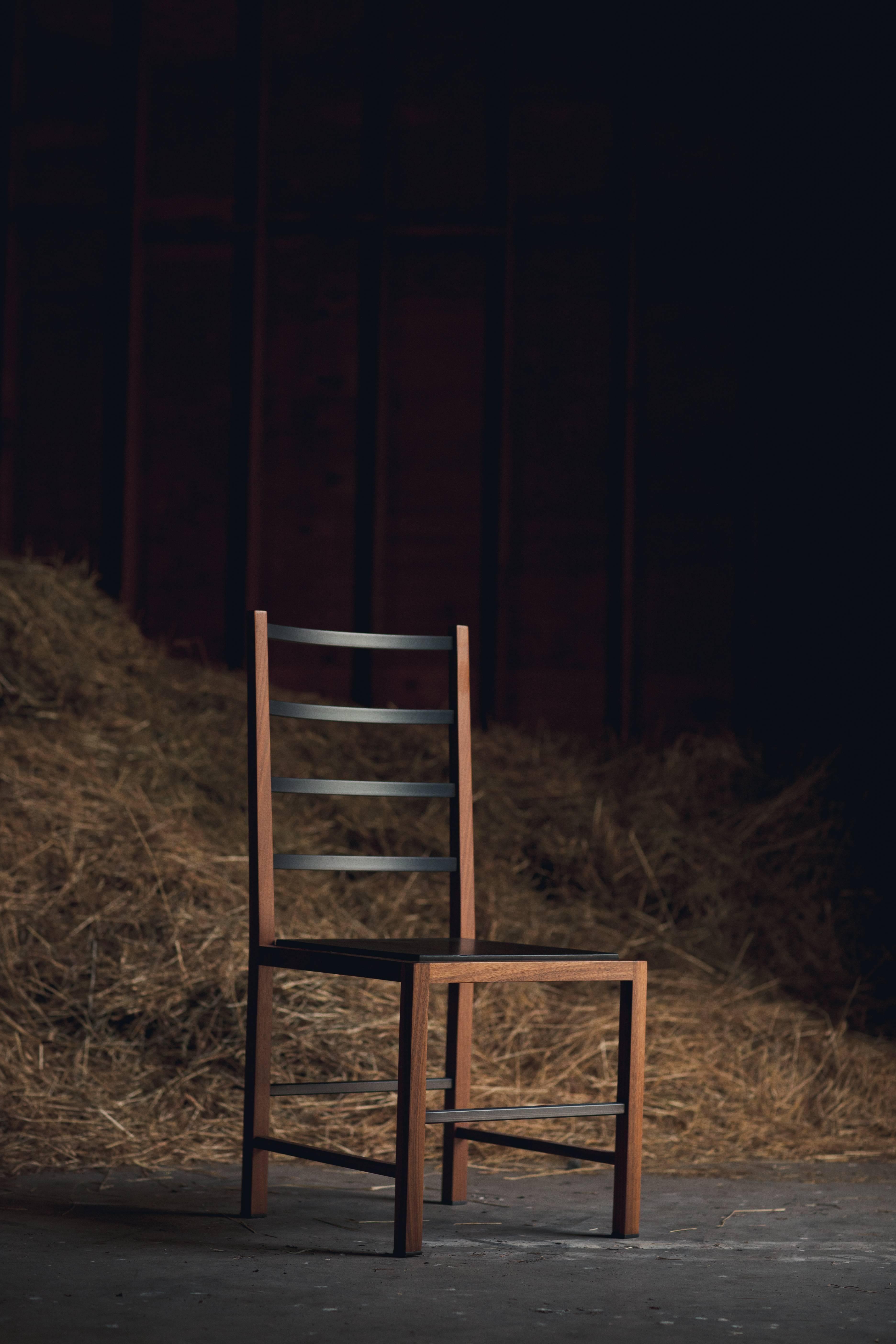 Contemporary Cooper Tall Chair in handcrafted walnut and oil quenched steel For Sale