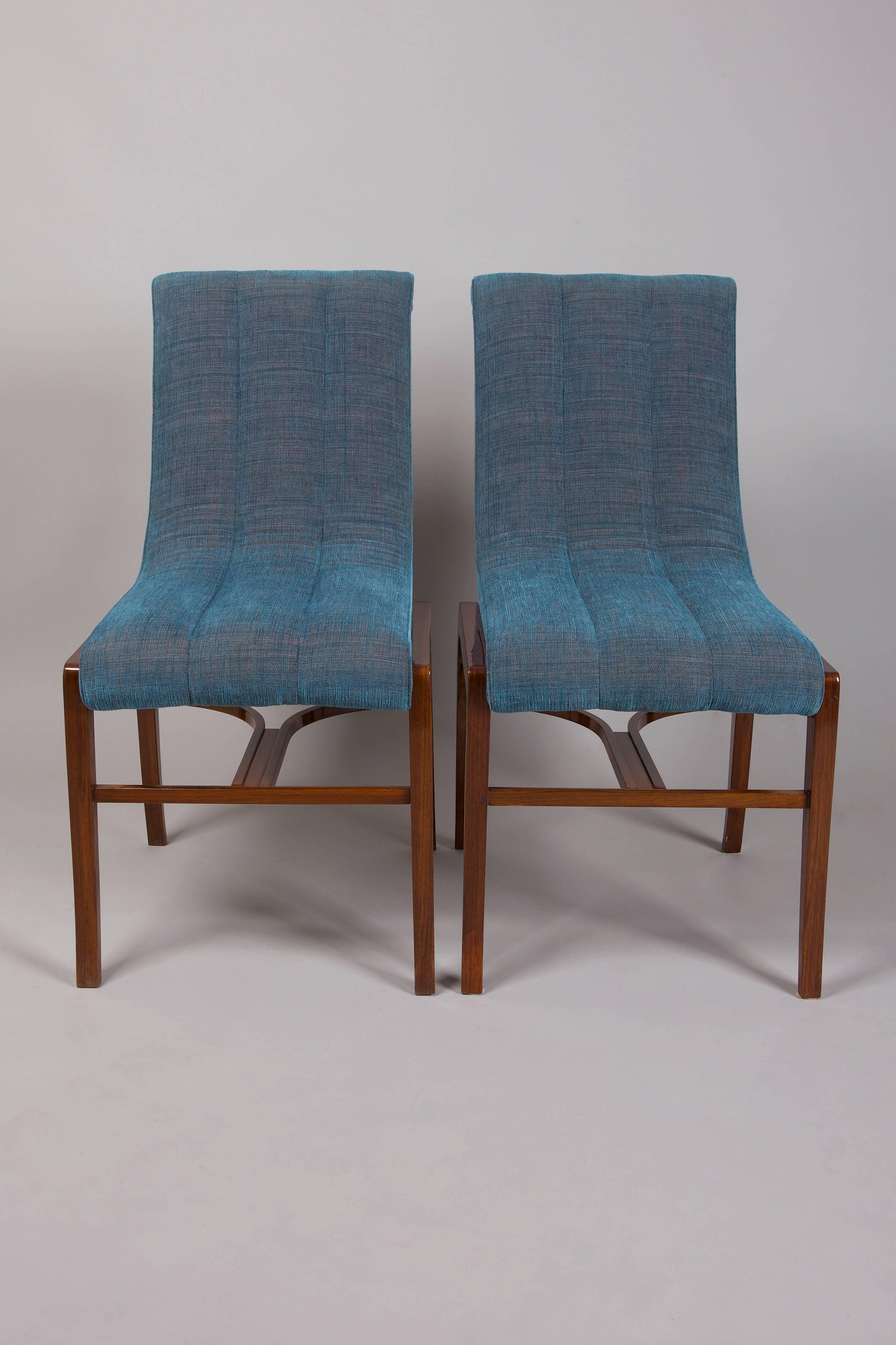 Pair of French Art Deco chairs designed by Jules Leleu.
Material: Rosewood / palisander.
Completely restored, surface made by piano lacquers to the high gloss. New fabric reministencts genius loci of period 1925.

We guarantee safe a the cheapest