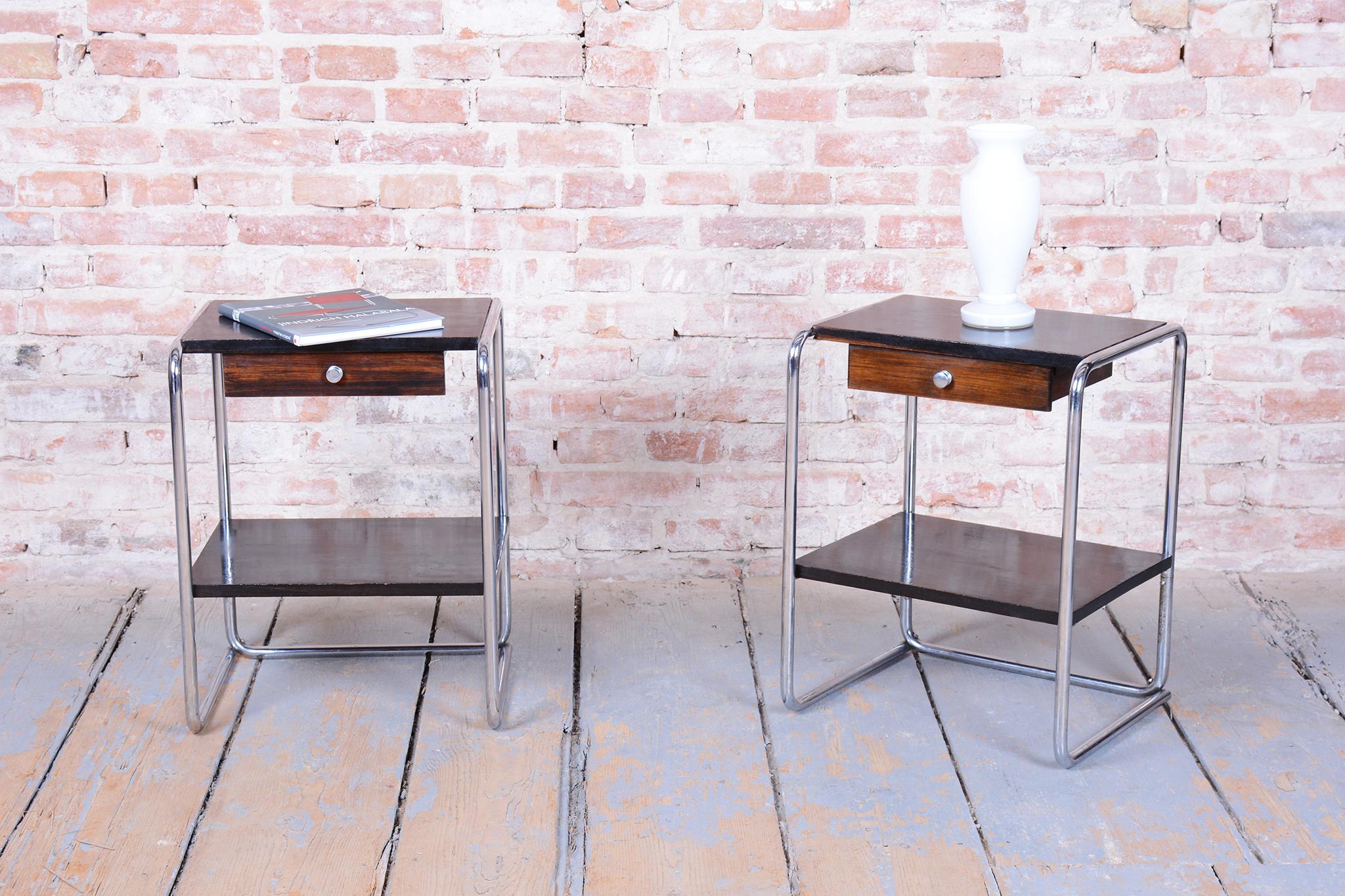 Steel Pair of Original Bauhaus Bedside Tables, by Thonet, Chrome,  Germany, 1930s For Sale