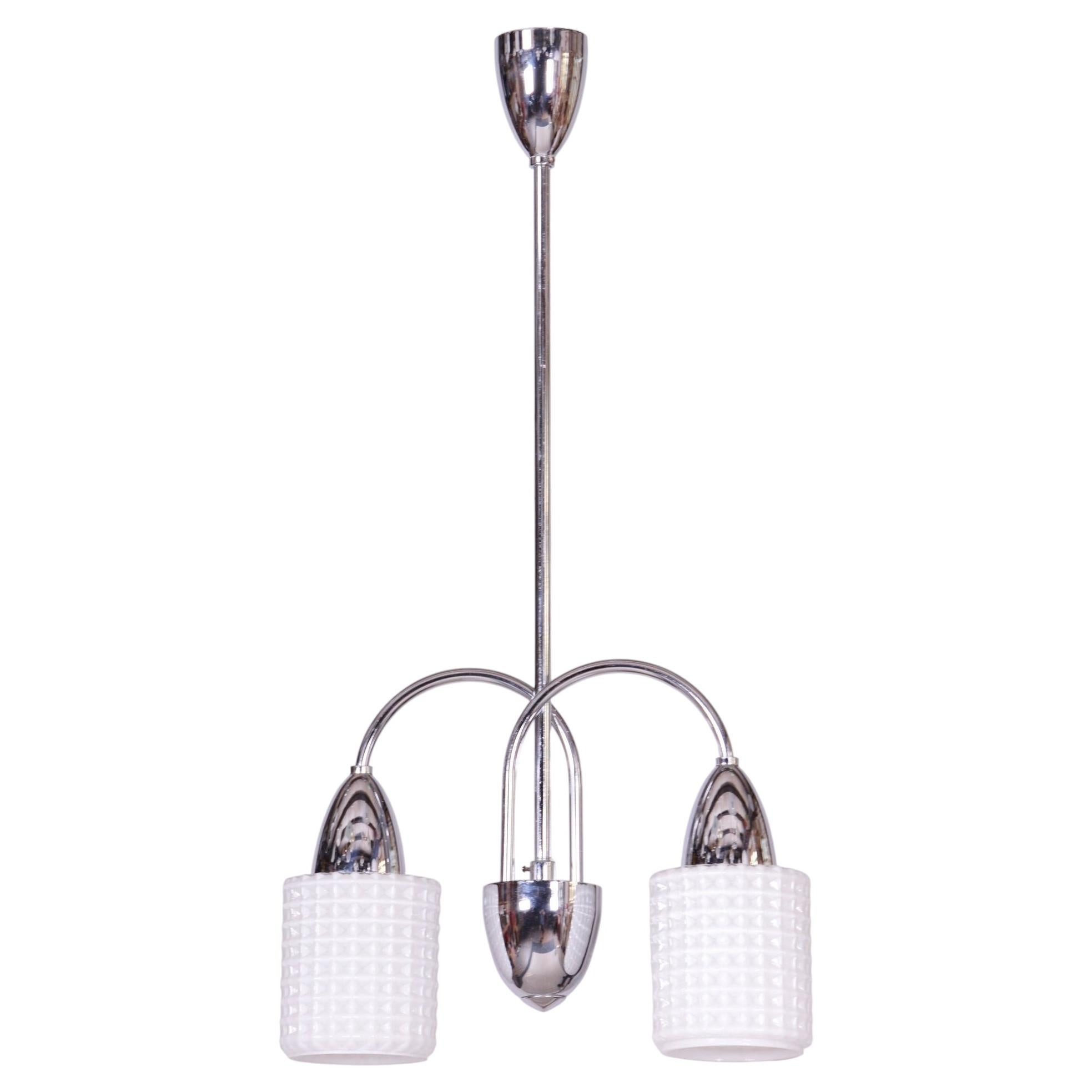 Restored Mid-Century Chandelier, Chrome, Steel, Opaline Glass, Czech, 1960s For Sale