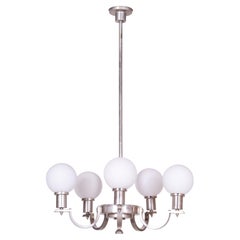 Restored Art Deco Chandelier, Nickel, Steel, Opaline Glass, Czech, 1920s