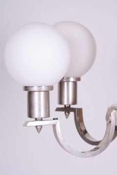 Restored Art Deco Chandelier, Nickel, Steel, Opaline Glass, Czech, 1920s