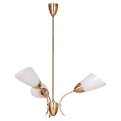 Restored Mid-Century Chandelier, Brass, Frosted Glass, Rewired, Czech, 1950s