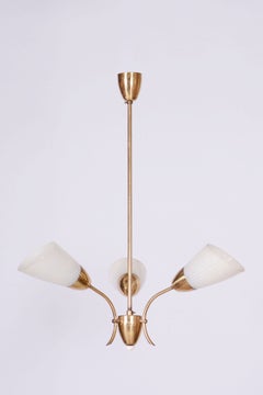 Restored Mid-Century Chandelier, Brass, Frosted Glass, Rewired, Czech, 1950s