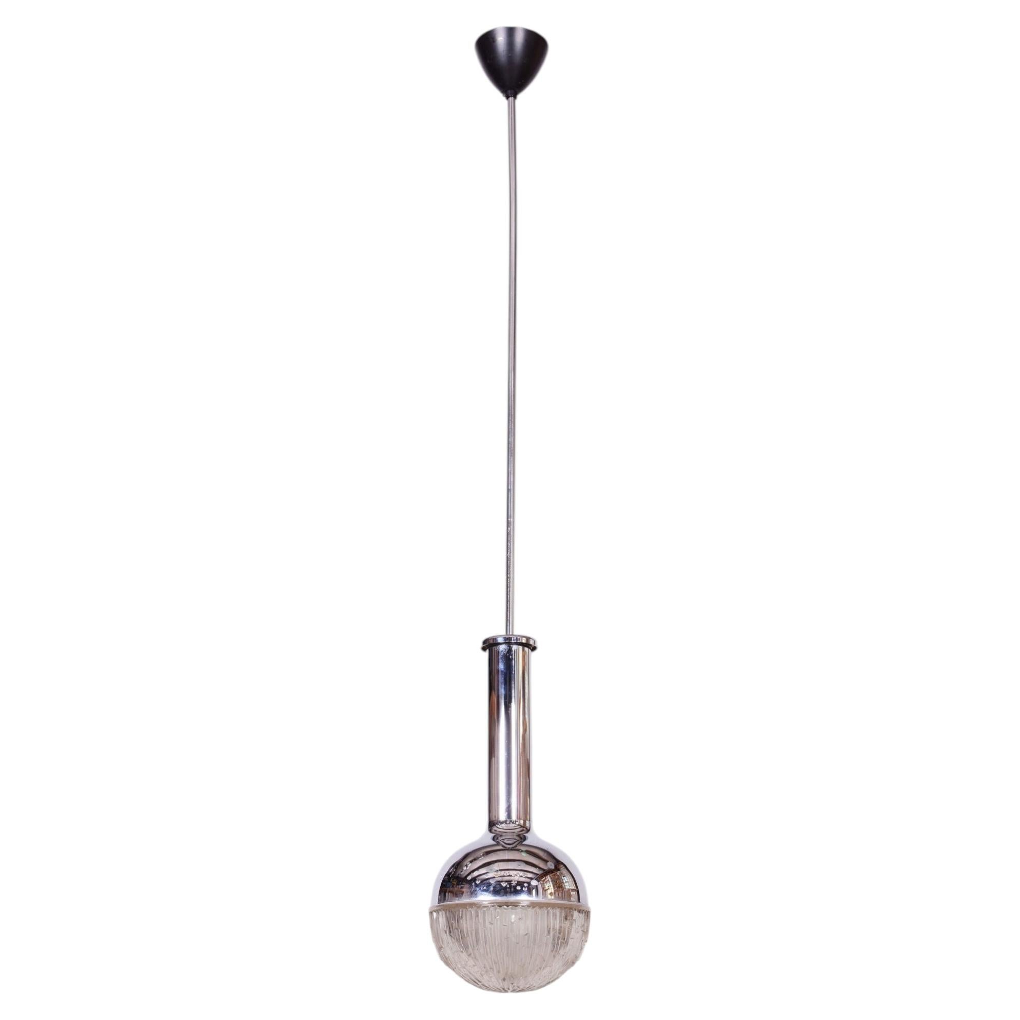 Restored Mid-Century Chandelier, Chrome, Steel, Glass, Rewired, Italy, 1960s