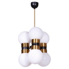 Restored Mid-Century Chandelier, Brass, Opaline Glass, Rewired, Czech, 1960s